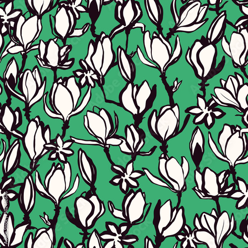 Floral seamless pattern. Colorful vintage vector background with hand drawn magnolia flower. Nostalgic retro fashion print for fabric, paper, goods, home textile