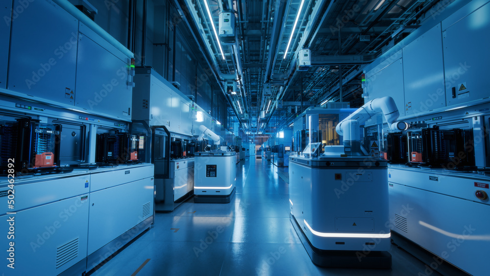 Wide Shot Inside Advanced Semiconductor Production Fab Cleanroom ...