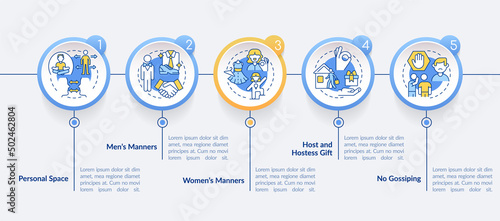 Social etiquette circle infographic template. Rules of behavior Data visualization with 5 steps. Process timeline info chart. Workflow layout with line icons. Lato-Bold, Regular fonts used