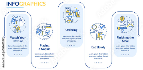 Restaurant etiquette rectangle infographic template. Table manners Data visualization with 5 steps. Process timeline info chart. Workflow layout with line icons. Lato-Bold, Regular fonts used