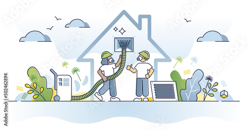 Air duct cleaning service for clean house ventilation pipes outline concept. Technician with compressor taking care of home climate control maintenance for breathing quality vector illustration.
