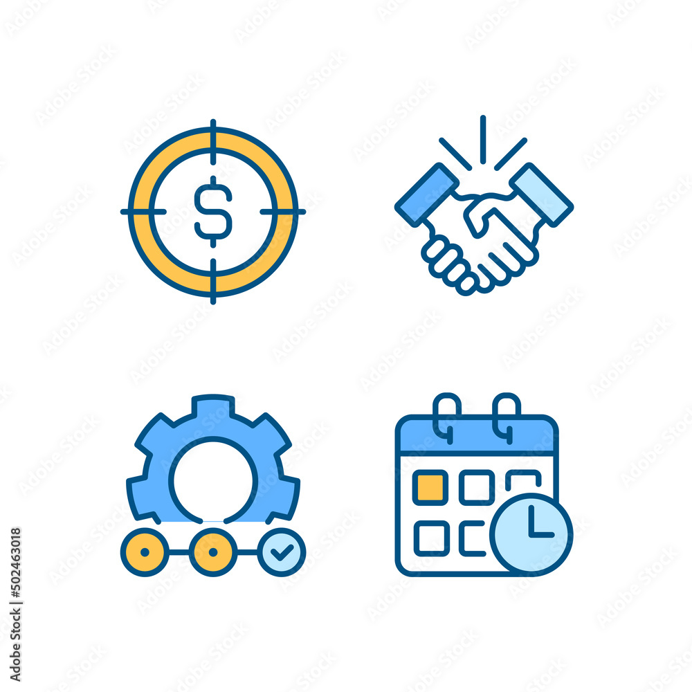 Successful business startup pixel perfect RGB color icons set. Financial goal. Isolated vector illustrations. Simple filled line drawings collection. Editable stroke. Montserrat Bold, Light fonts used Successful business startup pixel perfect RGB color icons set. Financial goal. Isolated vector illustrations. Simple filled line drawings collection. Editable stroke. Montserrat Bold, Light fonts used