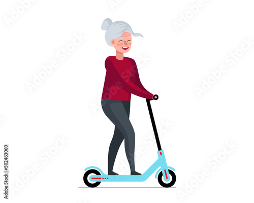 Older woman fun and riding electric kick scooter. Elderly female ride on eco transport. Old lady healthy lifestyle. Retired granny moving. Cheerful senior pensioner leisure. Active grandmother vector