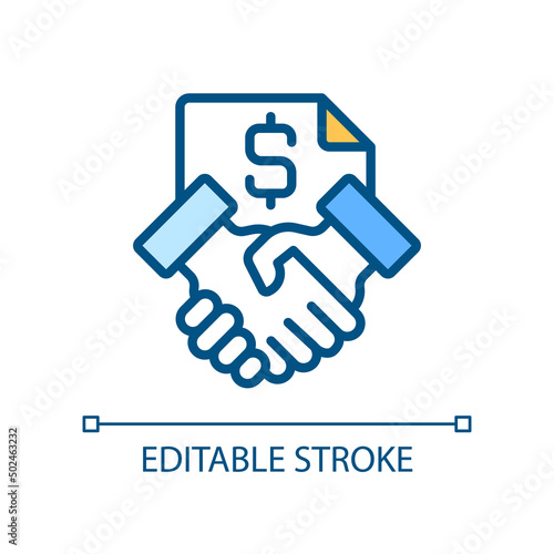 Contract pixel perfect RGB color icon. Business operation. Formal document. Binding agreement. Isolated vector illustration. Simple filled line drawing. Editable stroke. Arial font used