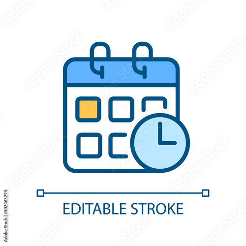 Schedule pixel perfect RGB color icon. Planning activities. Events calendar. Impending deadlines. Isolated vector illustration. Simple filled line drawing. Editable stroke. Arial font used