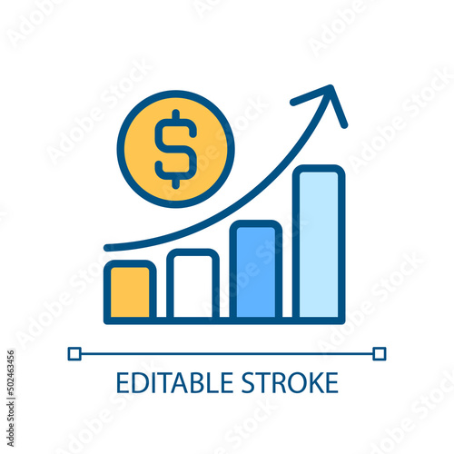 Business profit pixel perfect RGB color icon. Company cash flow. Economic performance. Financial evaluation. Isolated vector illustration. Simple filled line drawing. Editable stroke. Arial font used