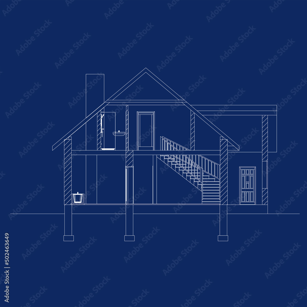 Architectural modern background. Cross-section suburban house. Vector blueprint.
