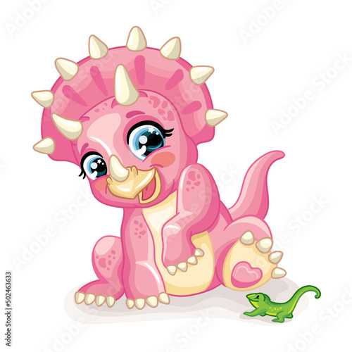 Cute cartoon baby triceratops surprised by the lizard vector illustration
