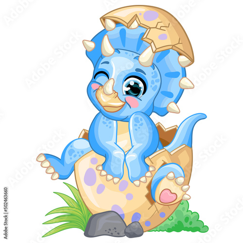 Cute cartoon baby blue triceratops in egg vector illustration