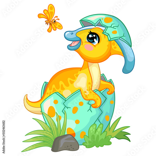 Cute cartoon baby parasaurolophus in egg vector illustration