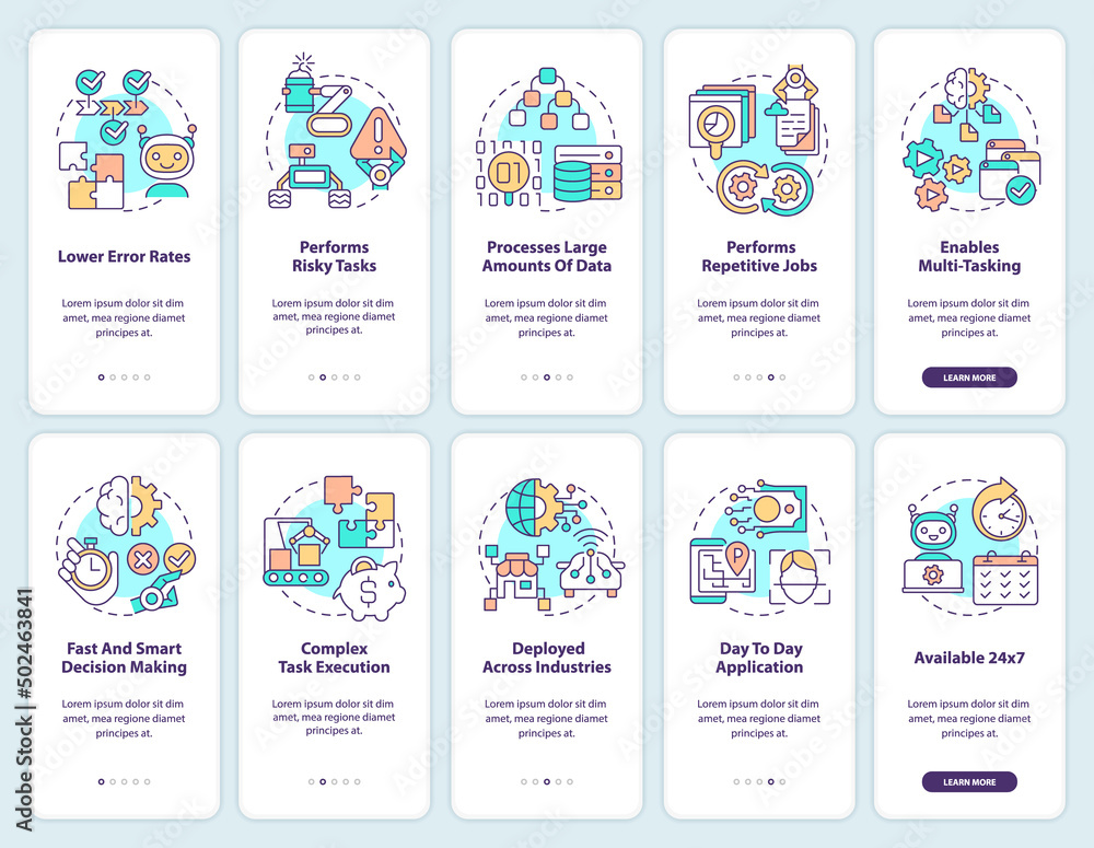 Artificial intelligence onboarding mobile app screen set. Advantages walkthrough 5 steps graphic instructions pages with linear concepts. UI, UX, GUI template. Myriad Pro-Bold, Regular fonts used