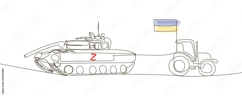 Ukrainian tractor pulls a russian tank continuous line drawing. One ...