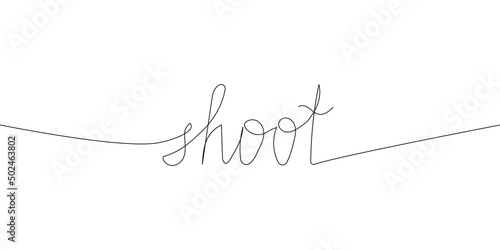 Shoot continuous line drawing. One line art of english hand written lettering of shooting, fire, war, skirmish, protection.