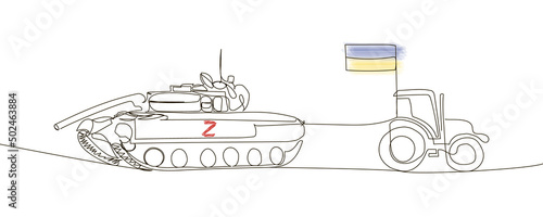 Ukrainian tractor pulls a russian tank continuous line drawing. One line art of russian invasion of Ukraine, Russian-Ukrainian war, opposition to fascism,farmers, military. photo