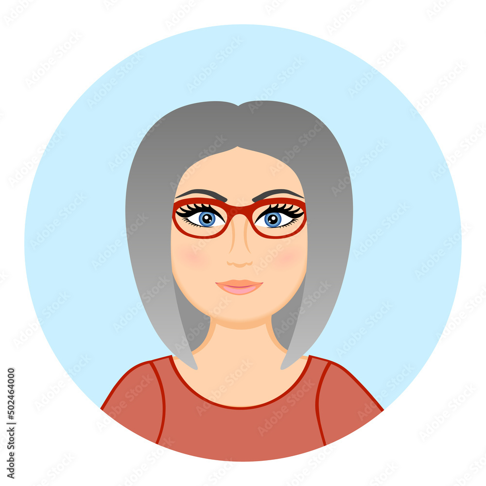 Avatar of an old woman wearing eyeglasses. Portrait of a fashionable pensioner. Happy grandma. Vector illustration. Old lady with gray hair Avatar of an old woman wearing eyeglasses. Portrait of a fashionable pensioner. Happy grandma. Vector illustration. Old lady with gray hair