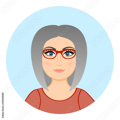 Avatar of an old woman wearing eyeglasses. Portrait of a fashionable pensioner. Happy grandma. Vector illustration. Old lady with gray hair