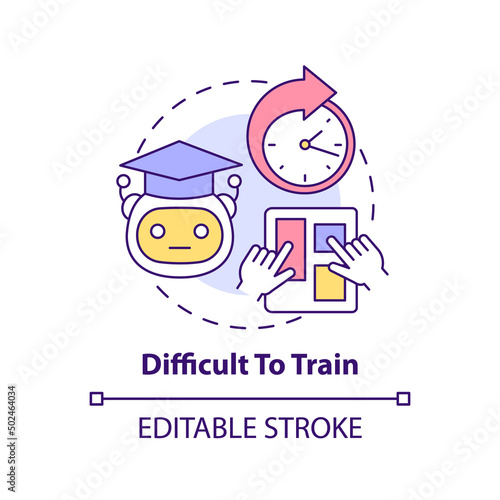 Difficult to train concept icon. Manual training. Drawback of machine learning abstract idea thin line illustration. Isolated outline drawing. Editable stroke. Arial, Myriad Pro-Bold fonts used
