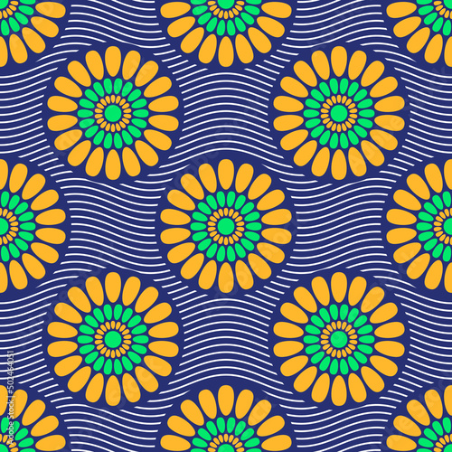 Seamless african fashion vector pattern with circles  round shapes  wavy lines. Bright  vibrant colors. Yellow  green  blue colors. Color illustration.