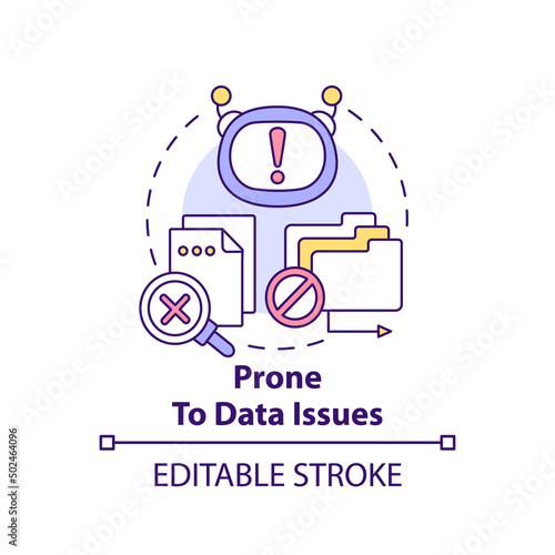 Prone to data issues concept icon. Data quality problem. Drawback of machine learning abstract idea thin line illustration. Isolated outline drawing. Editable stroke. Arial, Myriad Pro-Bold fonts used