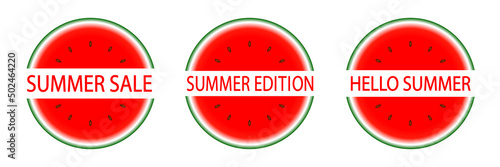 Summer edition logo. Hello summer. Sale icon with red watermelon slices. Sticker or stamp
