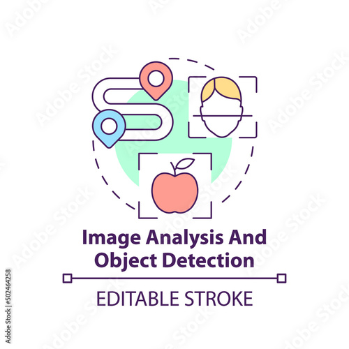 Image analysis and object detection concept icon. Use of machine learning abstract idea thin line illustration. Isolated outline drawing. Editable stroke. Arial, Myriad Pro-Bold fonts used