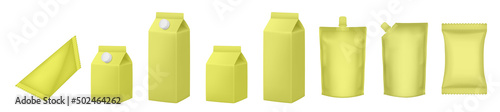 Set of milk cardboard package. Vector mockup set. Realistic carton package with cap. Boxes for dairy products. Realistic doy pack mockups. Yellow flow pack, sachet. Tetrahedral packaging. Lemon