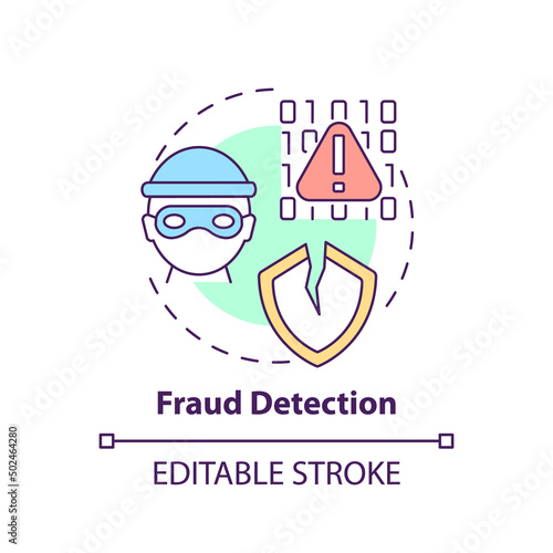 Fraud detection concept icon. Identify fraudulent activity. Use of machine learning abstract idea thin line illustration. Isolated outline drawing. Editable stroke. Arial, Myriad Pro-Bold fonts used