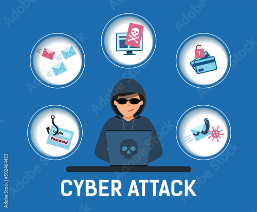 Illustration Hacker Cyber attack. Hacker at the computer stealing personal information, credit card.
