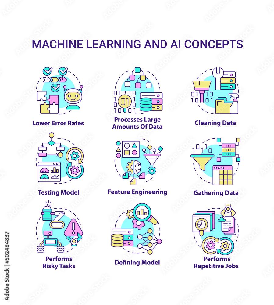 Machine learning and AI concept icons set. Artificial intelligence advantages idea thin line color illustrations. Isolated symbols. Editable stroke. Roboto-Medium, Myriad Pro-Bold fonts used