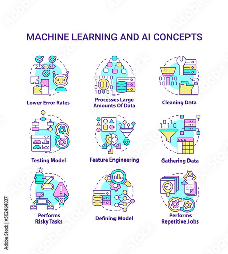 Machine learning and AI concept icons set. Artificial intelligence advantages idea thin line color illustrations. Isolated symbols. Editable stroke. Roboto-Medium, Myriad Pro-Bold fonts used