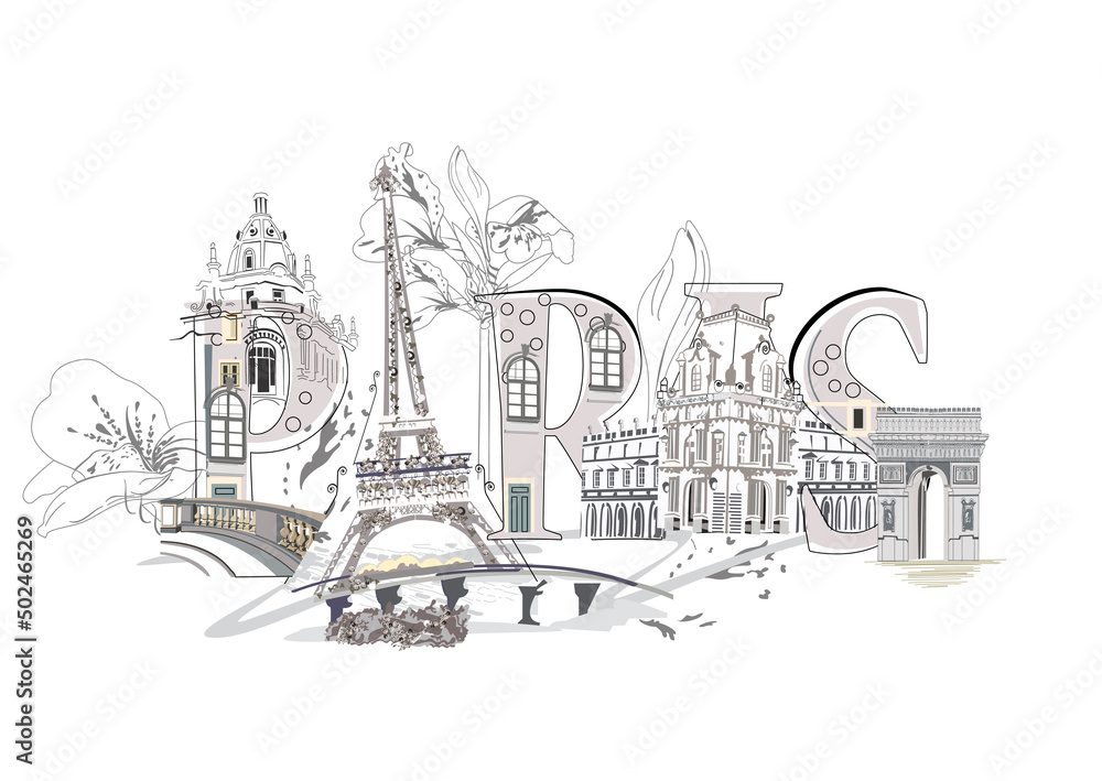 Paris lettering decorated with flowers and the Eiffel tower and other architecture sights. Hand drawn vector illustration.