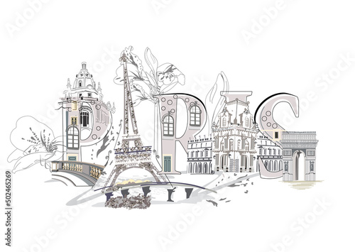 Paris lettering decorated with flowers and the Eiffel tower and other architecture sights. Hand drawn vector illustration.