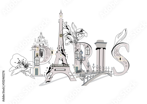 Paris lettering decorated with flowers and the Eiffel tower and other architecture sights. Hand drawn vector illustration.