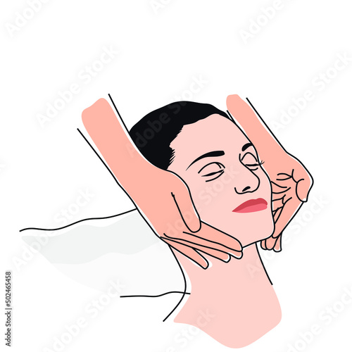 Young woman having anti aging massage, beauty facial procedure, spa therapy vector Illustration on a white background