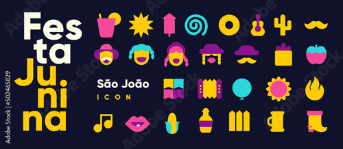 Festa Junina. Vector illustrations. Music Festival. Simple, minimalist icons. Festive banner, poster, cover.