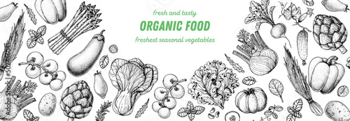 Vegetables hand drawn illustration. Top view frame. Vintage hand drawn. Organic food poster. Good nutrition, healthy food. Vector illustration. Pepper, artichoke, tomato, eggplant, salad, fennel