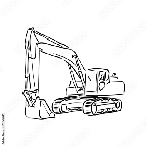 Excavator on construction site hand drawn illustration. Vector.