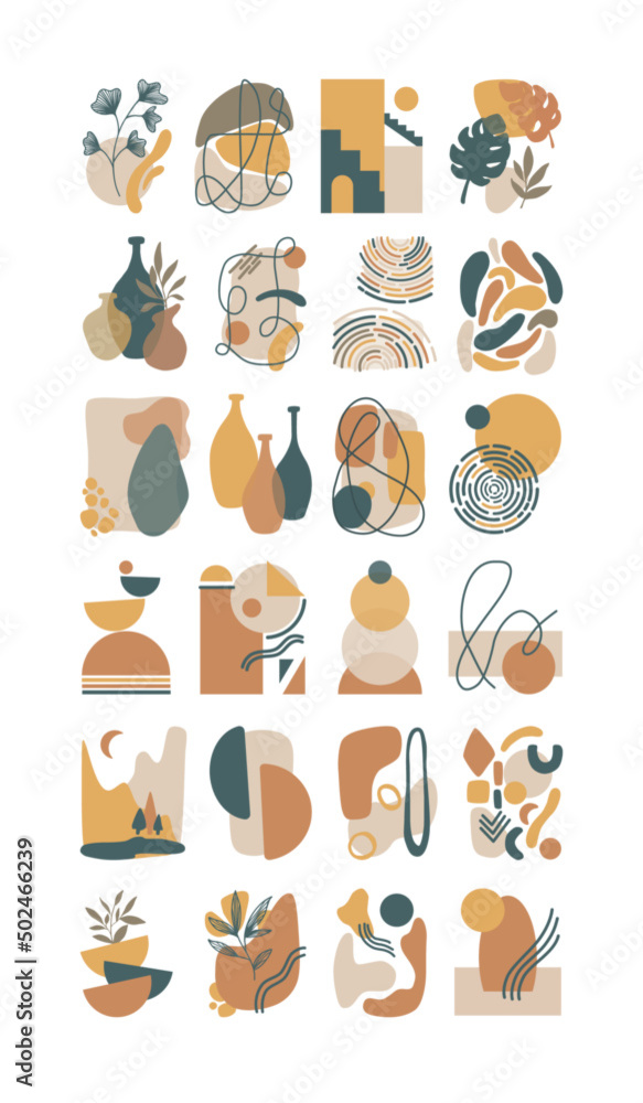 Vector Abstract Collection. Set of various compositions in Boho sltyle with abstract shapes. Earthy colors. Used for interior design, posters, postcards, printing, printing