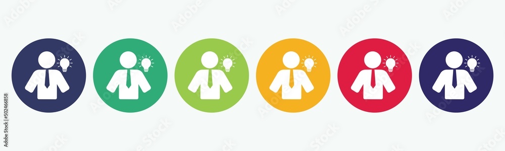 Set collection of 6 buttons with businessman and light bulb, concept of business idea icon. Set collection of 6 buttons with businessman and light bulb, concept of business idea icon.