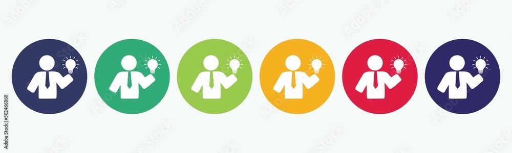 Collection of 6 buttons with businessman and light bulb on white background, concept of business idea icon. Collection of 6 buttons with businessman and light bulb on white background, concept of business idea icon.