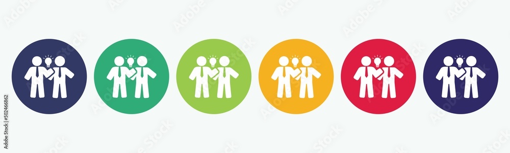 Set collection of 6 buttons with a businessmen group and a light bulb, concept of business idea icon. Set collection of 6 buttons with a businessmen group and a light bulb, concept of business idea icon.
