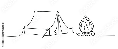 Continuous one line drawing of tent and campfire. Vector illustration