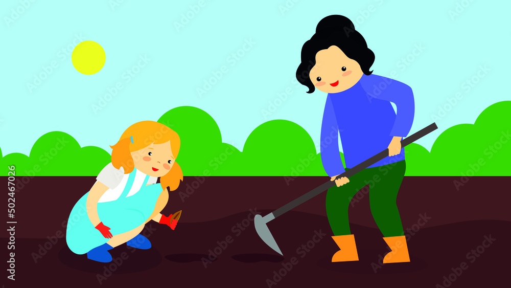 mother and daughter weed the garden and plant seeds mother and daughter weed the garden and plant seeds