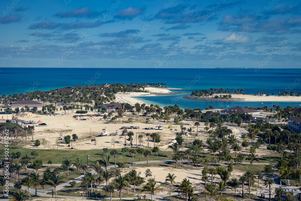 Vegetation, dunes, beaches, lagoon and footpaths on a tropical island in Bahamas
