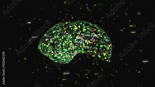 Zoom out macro shot rotation neon cyber particles illuminated human brain neural networks photo