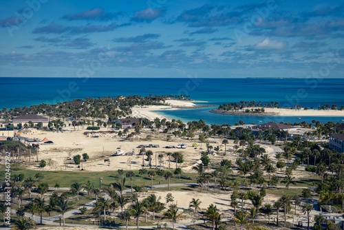 Vegetation, dunes, beaches, lagoon and footpaths on a tropical island in Bahamas