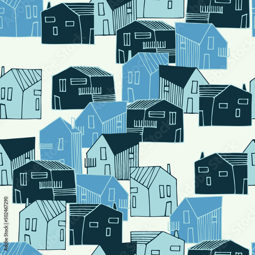Seamless pattern with townscape in navy-blue color palette. Residential district. Small houses in urban, suburban or countryside landscape for surface design and other design projects