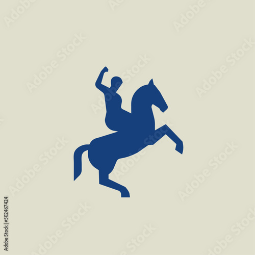 Horseman silhouette vector illustration. Logo of a man riding a horse with hand raised up. Vintage illustration. 