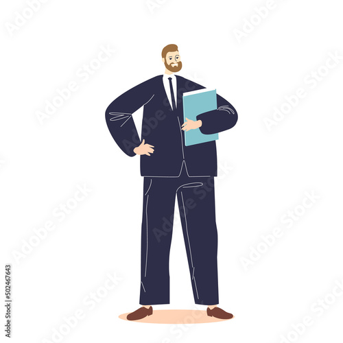 Successful businessman in formal suit holding document folder happy smiling