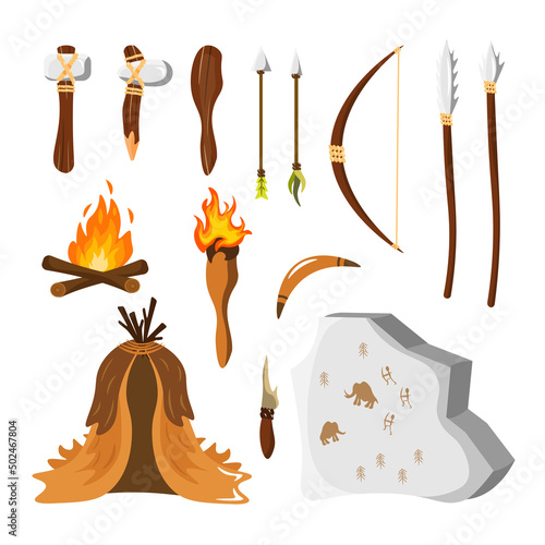 Set of tools stone ages in cartoon style. Vector illustration of weapons of the ancients hammers, axes, clubs, knives, bows and arrows, spear, fire, hut and stone with inscription on white background.
